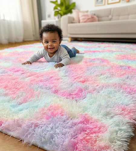 MARATIP Teppich Wohnzimmer Regenbogen 200x300 cm bunt | Hochflor-Teppich, waschbar, rutschfest, weich. Ideal für offene Räume, Esszimmer und große Schlafzimmer.
