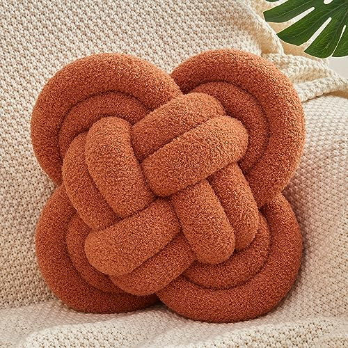 Xiashrk Knot Pillow Ball, 12 Soft Decorative Throw Pillows for Couch Bed, Rust Red Knotted Plush Throw Pillow Handmade Square Cushion Home Couch Decor Pillows for Living Room