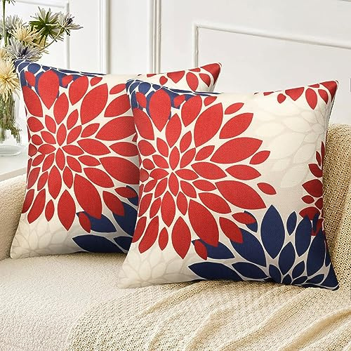 Velvhom Housse Coussin Canapé Orange et Bleu Fleurs de Dahlia Lin Bohème Moderne Art Abstrait Taie d'oreiller Décoratif Noël pour Patio Jardin Salon Chambre 50x50, Lot de 2