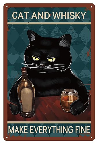 CREATCABIN Carteles de Lata de Whisky Gato Negro Cartel Metal Placas Vintage Galería Carteles Pared Retro Impresión Arte Decoración Colgante Pintura Hierro con Citas para Bar