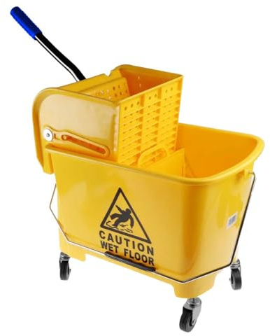 Berry Compact Commercial Mop Bucket with Wet Floor Sign | Kentucky Mop Bucket on Wheels - 20L | Yellow Cleaning Trolley with Removable Wringer and Caster Wheels for Restaurants, Schools, Offices