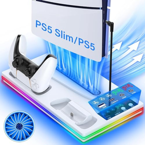 3 in 1 PS5 Ständer mit PS5 Controller Ladestation und 3 Stufig Lüfter, PS5 Standfuß für PlayStation 5 Pro/Slim&Standard Disc/Digital-Konsole, PS5 Kühler mit 10 RGB-Lichter und 2 USB-Anschlüsse