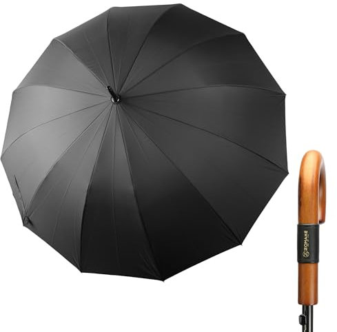 ZOMAKE Parapluie Canne 12 Côtes,120cm Grand Parapluies Manche Bois,XXL Ombrelle Solide Tempete Résistant 2 Personnes,Umbrella Golf Automatique Homme Femme Avec étui en cuir PU décoré(Noir)