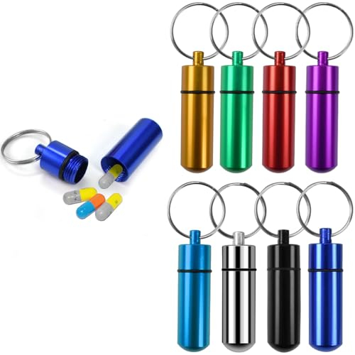 Cleminsta 8 Stück Pillendose Schlüsselanhänger, Klein Kapsel Pillendose, Wasserdichte Pillenflasche, Mini Aluminium Pillenbox, Tragbarer Mini Pillenorganizer, Tablettendose für Unterwegs
