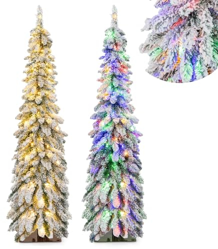 COSTWAY 150cm Bleistift Weihnachtsbaum mit Schnee, LEDs in warmweiß und bunt | 11 Lichtmodi | Timer, künstlicher Tannenbaum mit Beleuchtung & Metallständer, Christbaum Kunstbaum Weihnachten