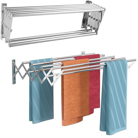 YOUNTHYE 1 stendibiancheria in acciaio inox, da parete, allungabile e pieghevole, da parete, estensibile, con 7 aste per lavanderia, bagno