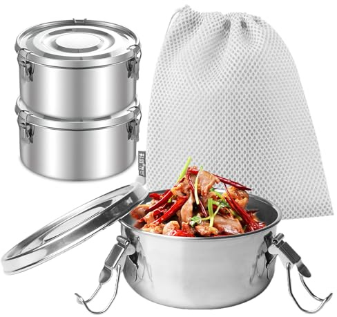 BORDEAG 3 Stück Edelstahl Brotdose, Brotdose Edelstahl, Lunchbox Edelstahl Dose mit Deckel und Kordelzugtaschen, Edelstahl Behälter, Bento Box, Brotzeitbox für Müsli, Suppen und Hauptmahlzeiten