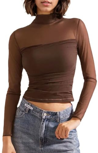 EMOTTOS Donne Patchwork Maglia a Rete, Sexy Maglietta in Pizzo Increspato Magliette con Collo a Tartaruga, T-Shirt Trasparente per Uscire in Discoteca, Marrone, L