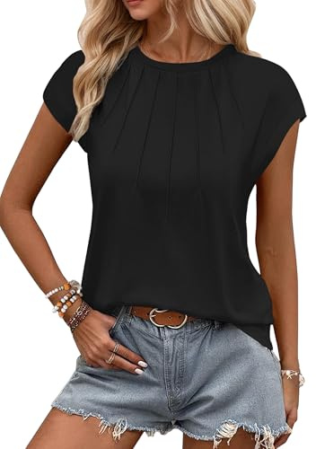 WNEEDU Tank Top Damen Sommer Kappenärmel T-Shirts Lässige Oberteile Elegent Rundhals Plissiertes Bluse Schwarz L