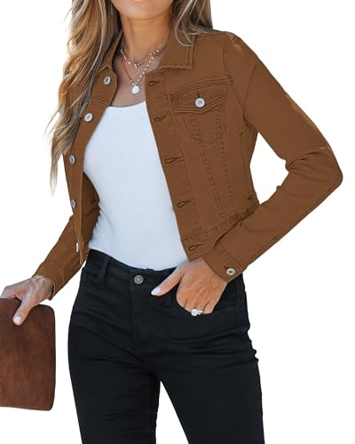 Roskiky Chaqueta de mezclilla cortada para mujer, estilo Shacket, denim corto de moda, ligera con corte elástico y bolsillos, marrón, M