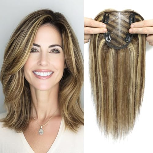 HOLFWALF Hair Toppers for Women 12inch Hairpieces with 4x4.8 inch Large Swiss Base Hair Toppers for Hairloss(Medium Brown with Highlight)