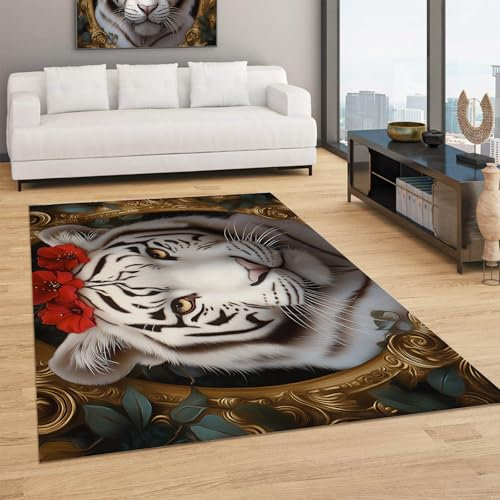 DLERFLOVR Retro-Tiere Teppich Wohnzimmer - 240×300Cm rutschfest Kurzflor Schlafzimmer Teppich, Waschbar Weißer Tiger Bettvorleger Teppiche Für Büro Bereich Dekor Kurzflor Teppich