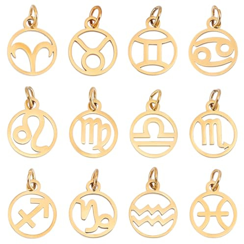 UNICRAFTALE 12 Stück 18 Karat Vergoldeter Anhänger 12 Sternbildern Edelstahl Sternzeichen Anhänger Flach Und Rund Charms Sternbild Charm Für Die Herstellung von DIY Schmuck