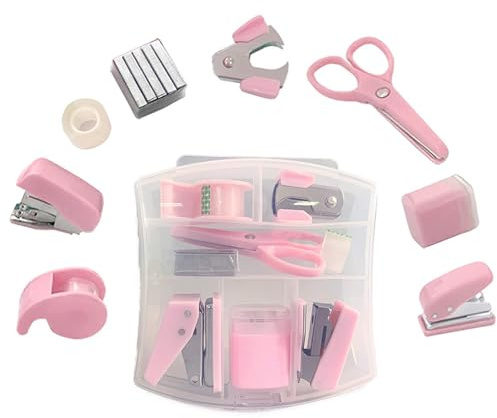 Juego de 8 mini suministros de oficina portátil con tijeras, juego de dispensador de cinta, perforador, sacapuntas, mini engrapadora con grapas y removedor de grapas (rosa)