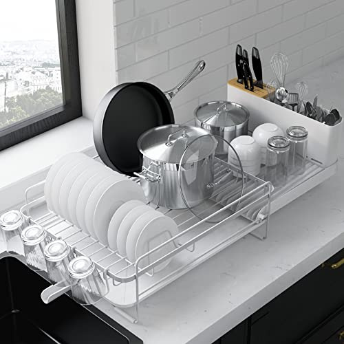 Kitsure Dish Drainer Rack - Extendable Dish Drainer, Multifunctional Dish Rack for Kitchen Counter, Anti-Rust Draining Board Rack with Cutlery & Cup Holders, 67.8cm x 32.7cm x 14.9cm, White