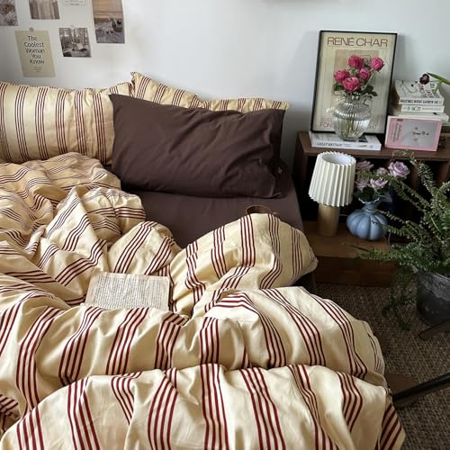 mixinni Retro Striped Duvet Cover Set Queen - 100% Natural Cotton 3-Piece Vintage Red Stripes Pattern Printed Bedding Set, Soft Breathable Comforter Cover with Zipper Closure & Corner Ties, Queen Size