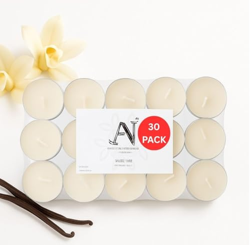 Aroma Naturals London Scented Tealight Candles Bag | 4 Hour Burn Time | Standard Size D3.77 x H1.45cm | Three Tone Coloured Wax & Aluminium Cups | Pack of 30 Tea Lights Scent (Vanilla Cream)