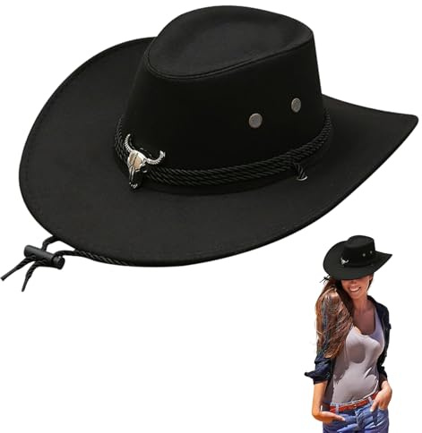 CutitiUU Sombrero de Vaquero de Fieltro para Mujer,Sombrero de ala Ancha Fedora,Sombrero de Vaquero Occidental,protección Solar al Aire Libre,Sombrero clásico Occidental,Hombres y Mujeres (Negro)