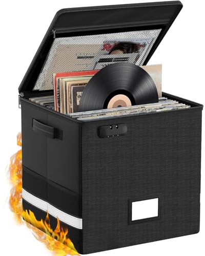 Ohwekit Vinyl Record Storage Box with Lock, Fireproof & Water-Resistant Record Organizer for 100+ 12-inch Vinyl Albums, Collapsible Crate with Lid & Handles, 13x13x13 Record Case