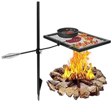 Swivel Fire Pit Grill, Heavy Duty Steel Campfire Grill with Carry Bag, Height Adjustable Camp Fire Racks, Portable Open Fire Cooking Equipment for Camping Garden Dinner, 16.7x12.6 Inch