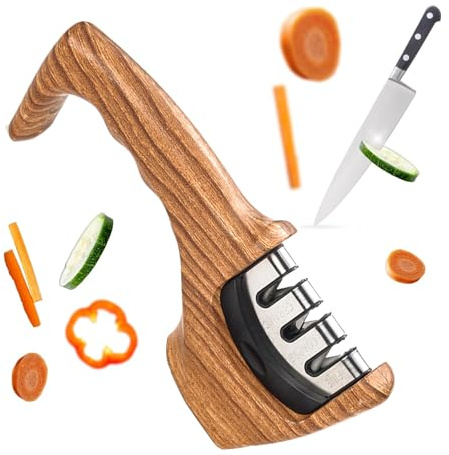 LIULINY Affilacoltelli Professionale, Affilacoltelli Manuale a 3 Fasi per Cucina, Portatile Affilatrice, Strumento per Affilare con Manico, per la Maggior Parte Tipi de Affilatrice (Marrone)