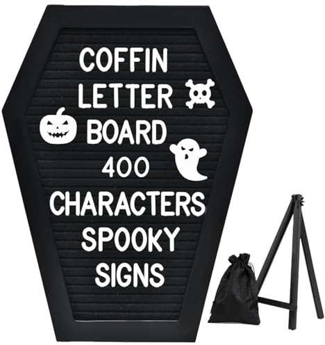 Black Coffin Letter Board with Wooden Stand, 400 Characters Include Spooky & Seasonal Emojis, Coffin Shaped Gothic Halloween Decorations Birthday Wedding Home Office Sign Spooky Gifts, 28 x 40 cm