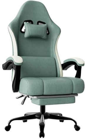 HOTOSYCH Silla Gaming con Muelles Ensacados y Reposapiés, Silla de Oficina Ergonómica con Cojin Lumbar Ajustable, Silla Gamer (Tejido, Azul Claro, Tamaño Grande)