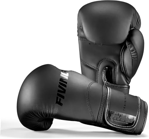 FIVING Pro - Guanti da boxe, colore nero con rosso, in ecopelle, vestibilità perfetta, protezione per il polso, imbottitura ammortizzante alla caviglia, MMA Training Sparring (nero - nero, 12oz)