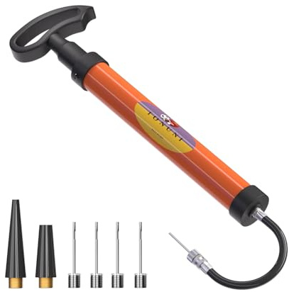 Pompa ad aria portatile con accessori come ago, ugello e tubo, ideale per sport di palla (calcio, basket, pallavolo, rugby) e articoli gonfiabili.