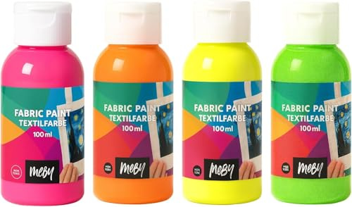 MEBY Neon-Textilfarben für helle Textilien (4 Neon-Farben à 100 ml) | Stofffarben-Set mit Pinsel. Waschfest nach Fixierung. Geeignet für T-Shirts, Taschen und viele helle Stoffe