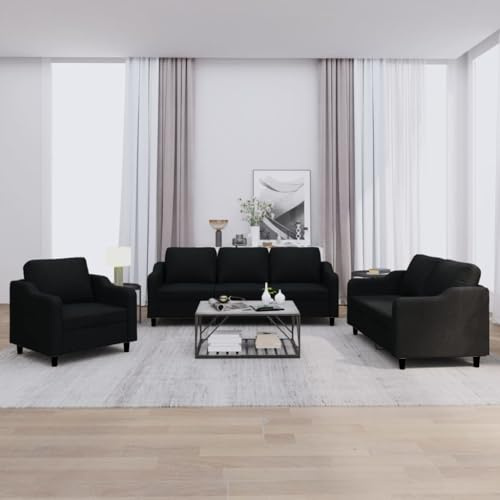 Ziaphsol 3-TLG. Sofagarnitur, Schwarz Stoff, 1 Sessel, 1 Zwei- und 1 Dreisitzer, Robustes Wohnzimmermöbel Set mit Kissen für Komfort und Entspannung