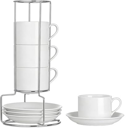 VEGOATY Espressotassens Set mit Ständer 4er Set: 160ml Espresso Tassen Set mit Untertasse & Ständer aus Weißem Porzellan, Espressotassen Set für Espresso Americano, Cappuccino, Latte und Tee