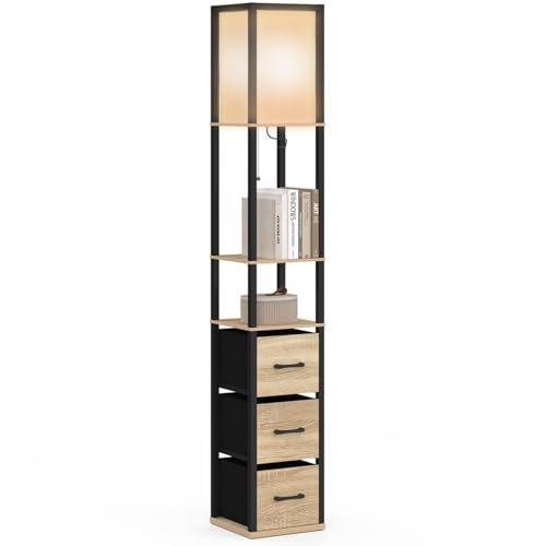 IDMarket - Lampadaire industriel en bois noir avec étagères bois clair 3 tiroirs tissu UTAH et abat-jour carré blanc