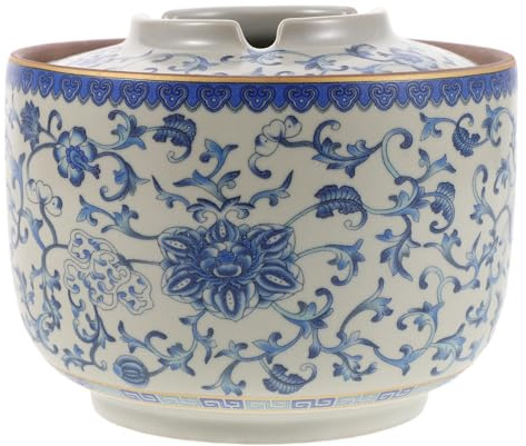 TOGEVAL Cenicero de Cerámica Chino Redondo Profundo con Tapa a Prueba de Viento, Diseño Porcelana Azul, para Decoración del Hogar y Oficina, Cenicero Decorativo Resistente