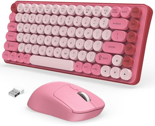 Nsyee Set tastiera e mouse wireless, 85 tasti rotondi, 75% tastiera compatta e mouse con Bluetooth e ricevitore USB da 2,4 GHz, layout USA, Plug and Play, combinazione silenziosa per PC e laptop, rosa