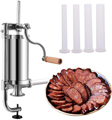 COSTWAY 1,5kg Embutidora de Chorizos, Embutidora Manual de Salchichas de Acero Inoxidable con Base Fija y 4 Tubos de Llenado, Máquina Casera para Embutir Salchichas para Hogar Fiesta