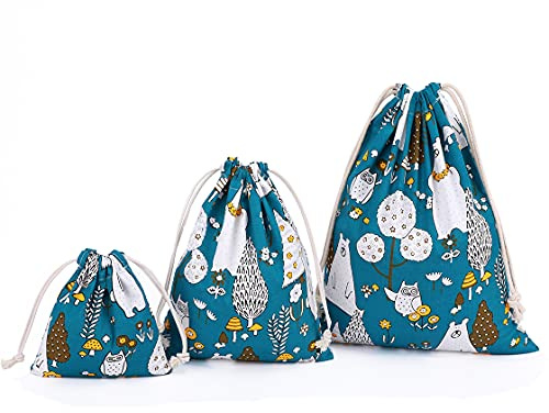 Amoyie 3 pz Sacchetto Coulisse Cotone, Sacca Asilo Tessuto, Piccolo Borsa per giocattoli/vestiti/scarpe, Sacchetti da Viaggio, Set Organizer per Valigia Bambini, Blu Orso