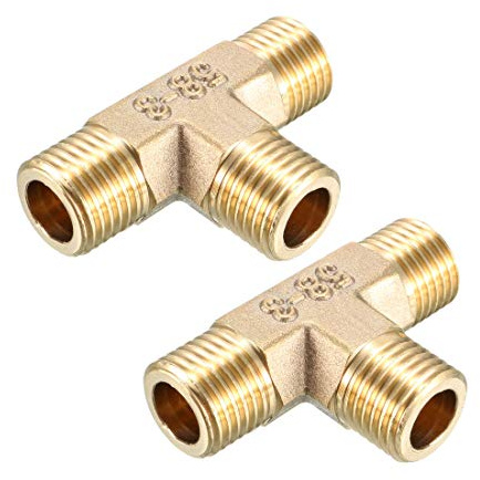 sourcing map Conector adaptador acople en forma de T del tubo de latón rosca macho de 1/4 BSP acoplador en T 2 pzas