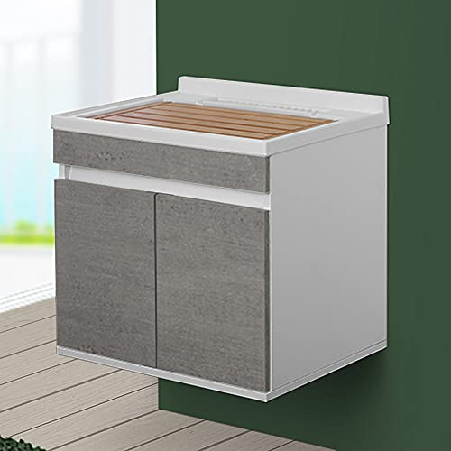 FERIDRAS Mobile lavatoio sospeso 60x50 cm, 2 Ante con Vasca in Resina, Completo di ASSE di Lavaggio e Kit sifone (Grigio)
