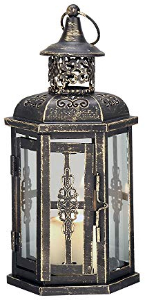 JHY Design 25cm Hohe Hängende Laterne, Deko Metall GlasscheibenKerzenhalter Vintage Laternen, Kerzenhalter für Outdoor Wohnzimmer Garten Balkon Innen Indoor Draußen(Schwarz mit Goldpinsel)