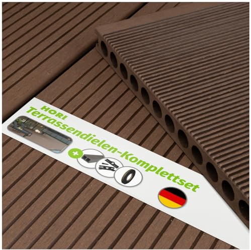 HORI WPC BPC Terrassendielen Komplettset XXL Hohlkammerprofil 25x250mm inkl. Unterkonstruktion pflegeleicht rutschfest Terrassenbrett Dielen Fläche 5 m², Dielenlänge: 290 cm Farbe Braun