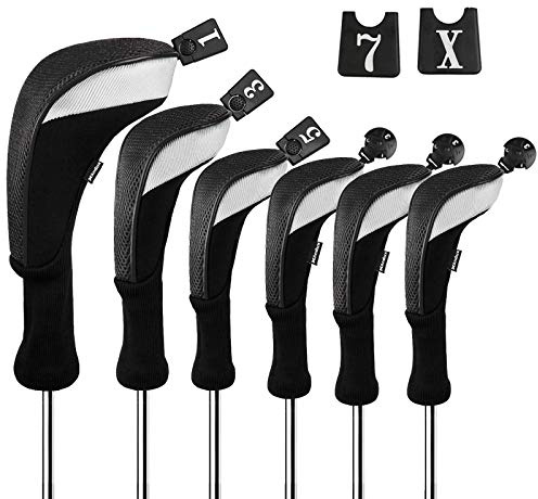 Andux 6pcs/Set Golf Club Head Covers Woods Hybrid Long Neck Black/Black