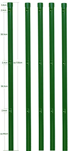 EXCOLO 5er-Set Metall-Zaunpfosten Ø34 mm, 1,3 m, pulverbeschichtet moosgrün RAL 6005, inkl. 3 Spanndrahthalter & Pfostenkappe, zum Einbetonieren – für Maschendrahtzäune bis 80 cm Höhe