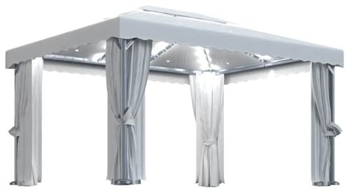 vidaXL Tonnelle avec Rideau et Guirlande Lumineuse à LED Belvédère de Jardin Pavillon d'Extérieur Tente de Réception Chapiteau Barbecue 4x3 m Blanc Crème