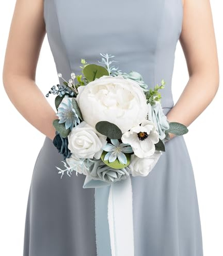 Ling's moment Künstliche Blumen Staubblau Brautjungfern-Strauß, Blau- und weiße Hochzeitsblumensträuße für Brautjungfern, 7 Zoll Brautsträuße für Brautjungfern, Hochzeit, Zeremonie, Jubiläum usw. | Hochzeitsblumen, Brautsträuße, für Zeremonie und Jahrestag