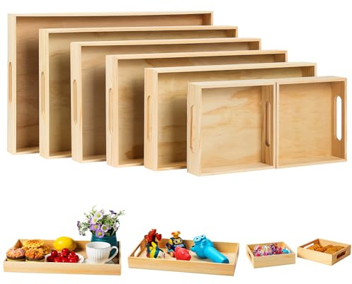 PONGJA Wooden Serving Trays with Handle - 7 Pieces Unfinished Wood Nested Breakfast Food Serving Trays for Craft Kids Montessori Snacks Home Decor Kitchen Party Dinner