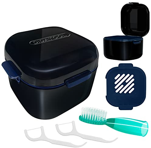 DIDATOOL Prothese Box, Prothesendose, Zahnprothesen Box mit Filter, Prothesen mit Fingerzahnbürste für die Aufbewahrung und zum Eintauchen Zahnersatz Reinigungsbäder (Schwarz)