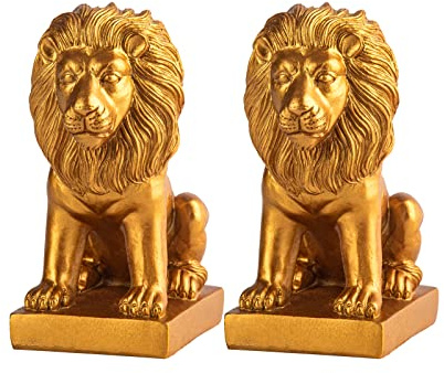 Löwen-Buchstützen für Zuhause, dekorativ, 2 goldene Buchstützen, Bücherregal, Dekoration, Buchstützen zum Halten von Büchern, robuste Buchstützen für Regale, Vintage-Antiq-Regale | Set mit 2 schweren goldenen Löwenstatuen aus Kunstharz für schwere Bücher, Bücherregale, Bürotische und Ausstellungsregale.