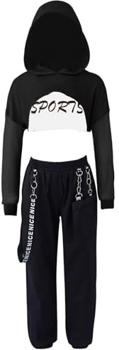 Freebily Tuta da Ginnastica Bambina 3 Pezzi Hoodie con Cappuccio + Reggiseno Sportivo + Pantaloni Sportivi Catena in Metallo Ballerina Jazz Hip Hop Danza Moderna Streetwear Nero 11-12 anni