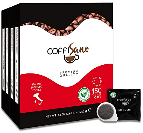 150 Cialde Caffè CoffiSano Espresso Italiano in Filtro Carta Compostabile ESE da 44 mm Bustine Monodose – Miscela Palermo, Gusto Intenso e Corposo